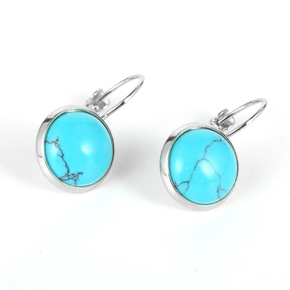 Round Gem Stone Turquoises Dangled Earrings - Picture 2 of 2